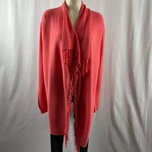 Repeat Coral Pink Open Cotton Blend Long Cardigan with Fringe Trimmed Edge M